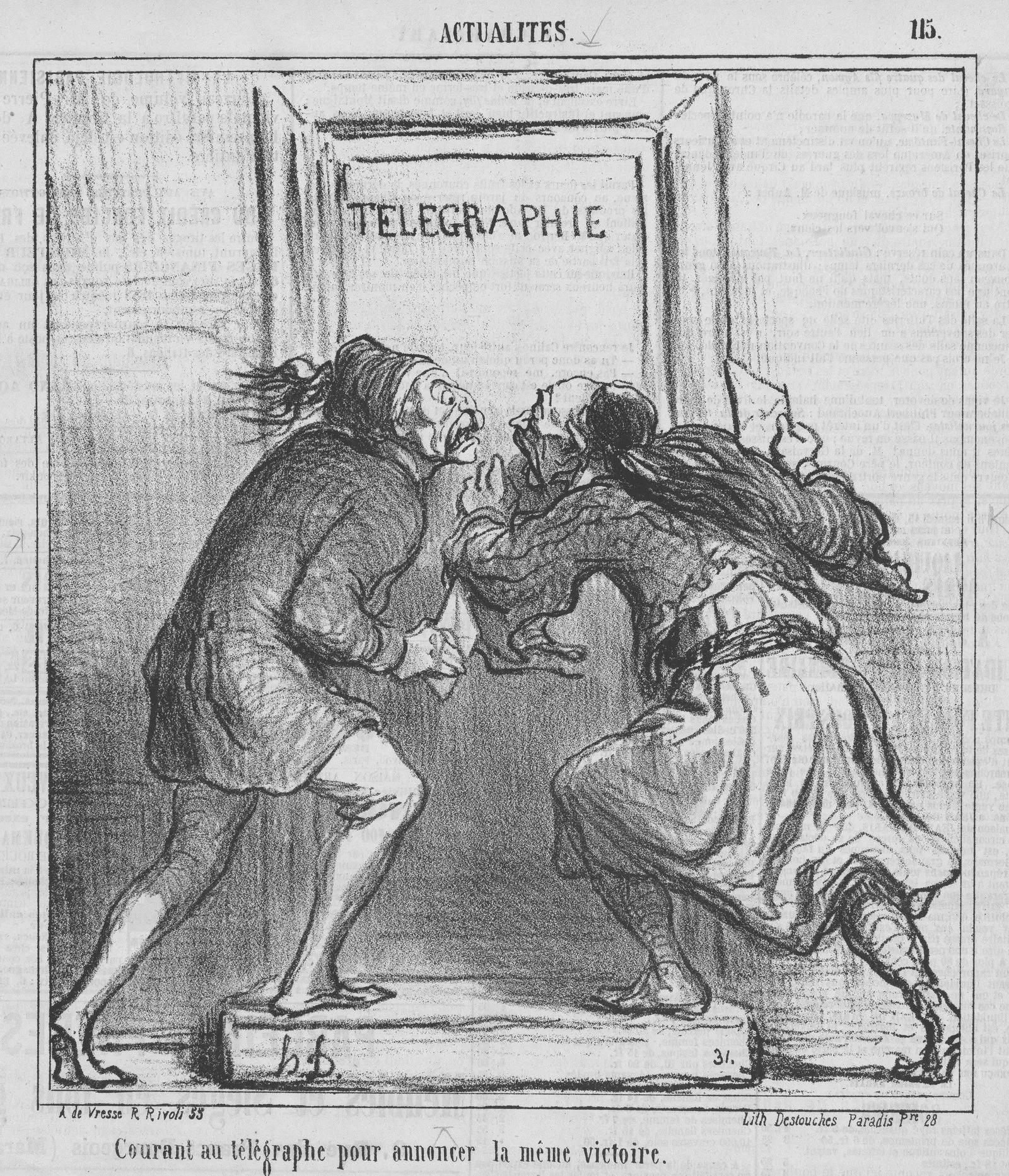 Satirical lithograph: two men, one with a pigtail and the other in a long robe, jostle in front of a door marked TELEGRAPHIE, each with a piece of paper in his hand.