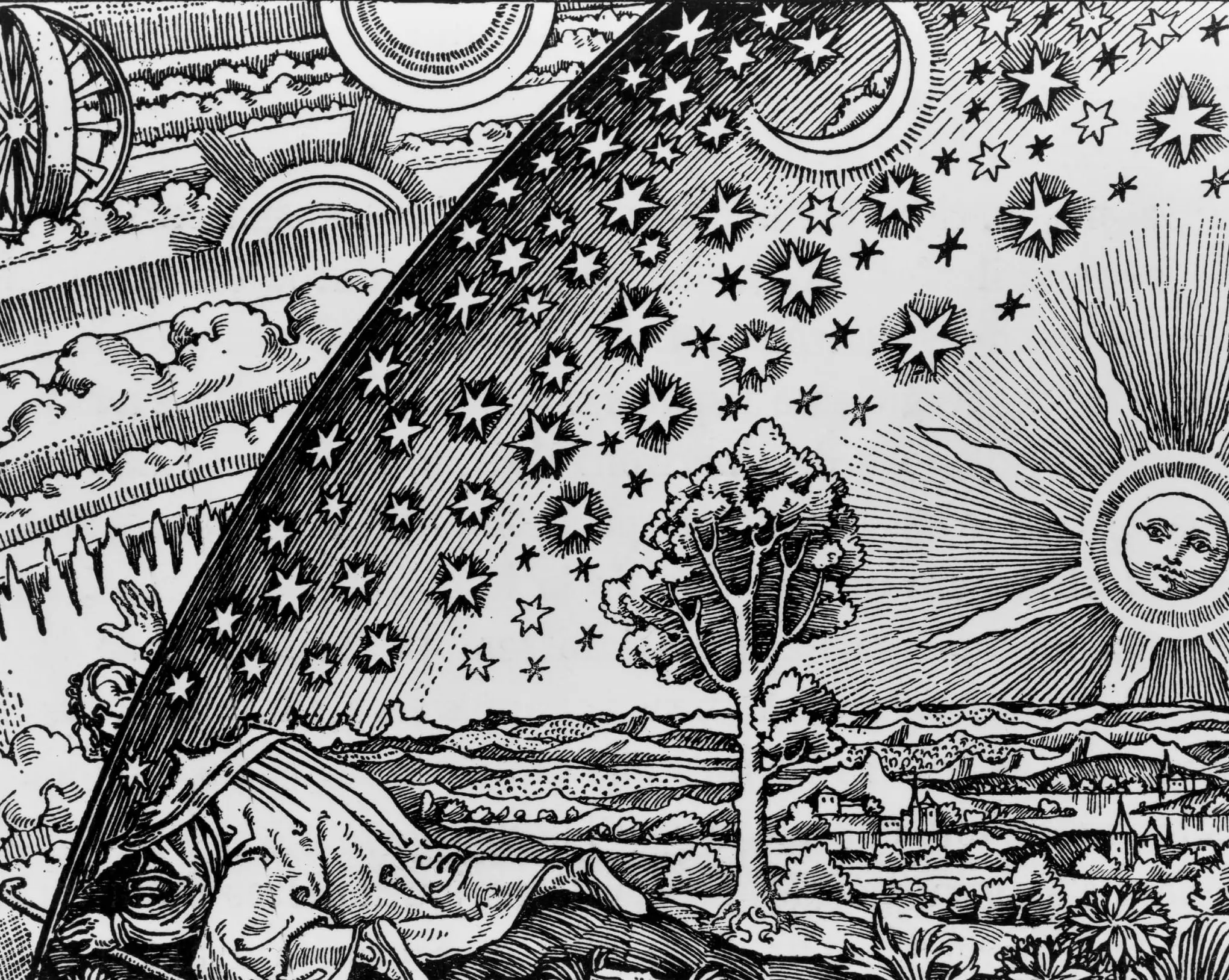 El grabado Flammarion: un viajero arrodillado en el borde del mundo atraviesa con la cabeza la bóveda del cielo para ver la maquinaria que hay detrás.