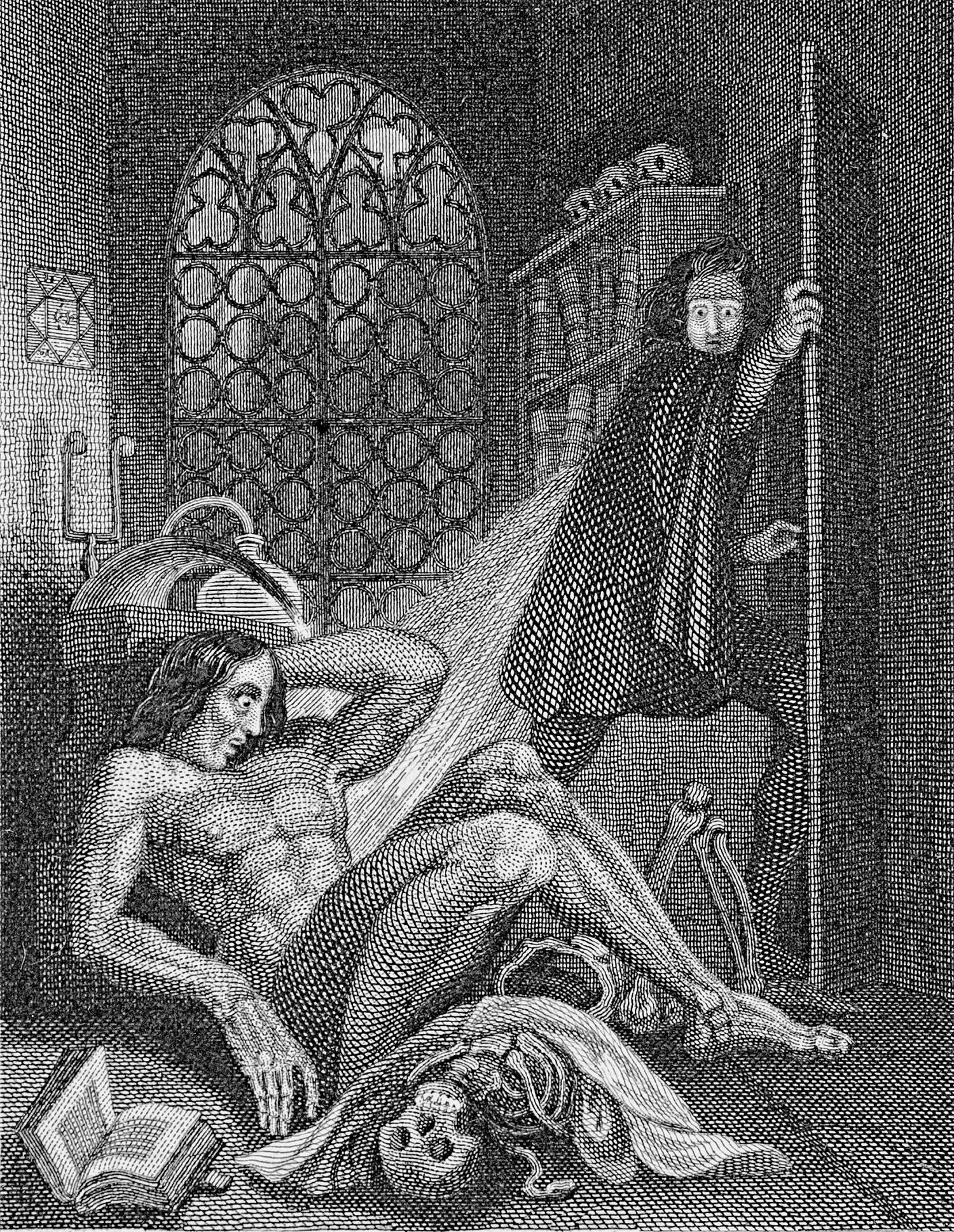 Engraving: a naked man wakes up lying on the floor of a laboratory, among bones and books, while another man flees through the door with a look of horror.