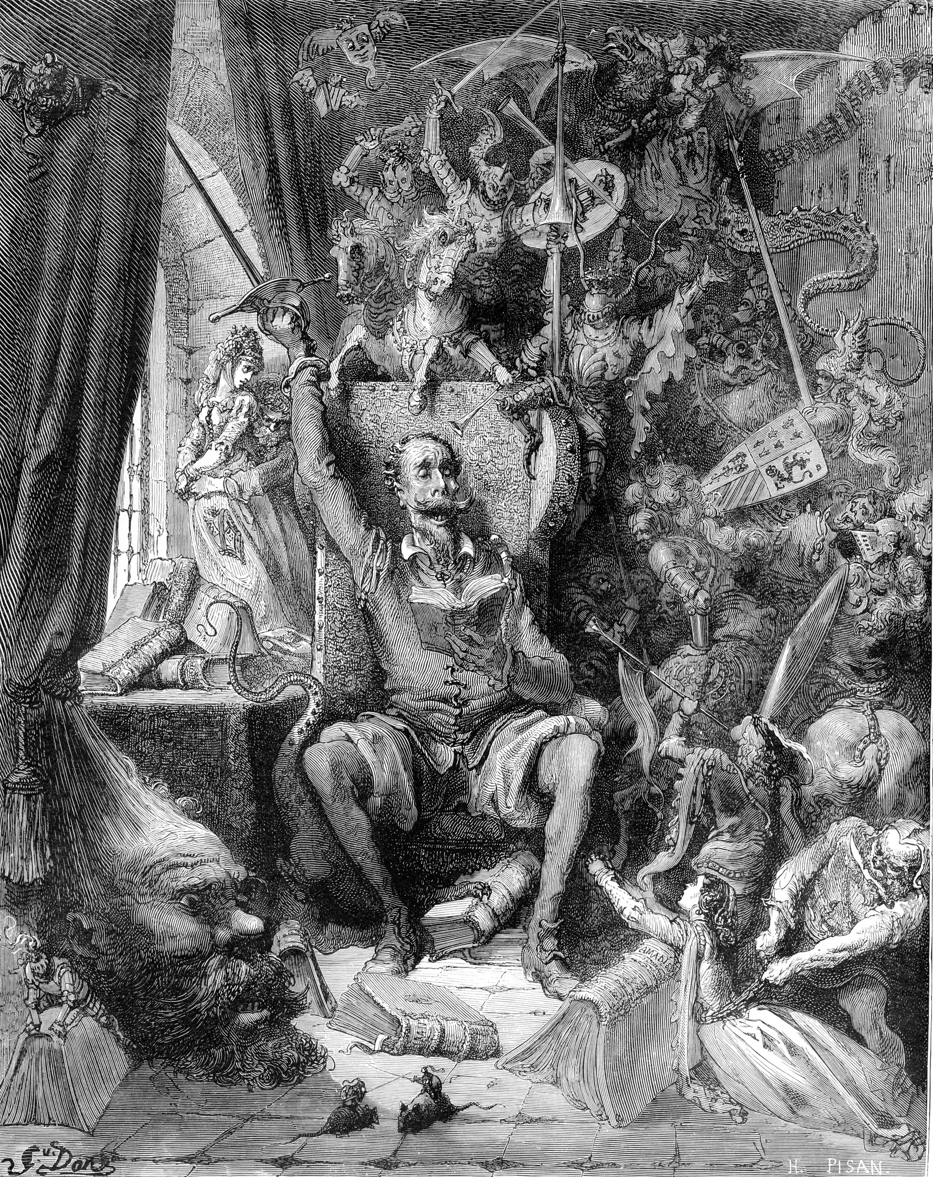El Quijote de Gustave Doré en su biblioteca: el viejo lee sentado, con la espada en alto, mientras caballeros, dragones, damas y gigantes salen de sus libros y lo rodean.